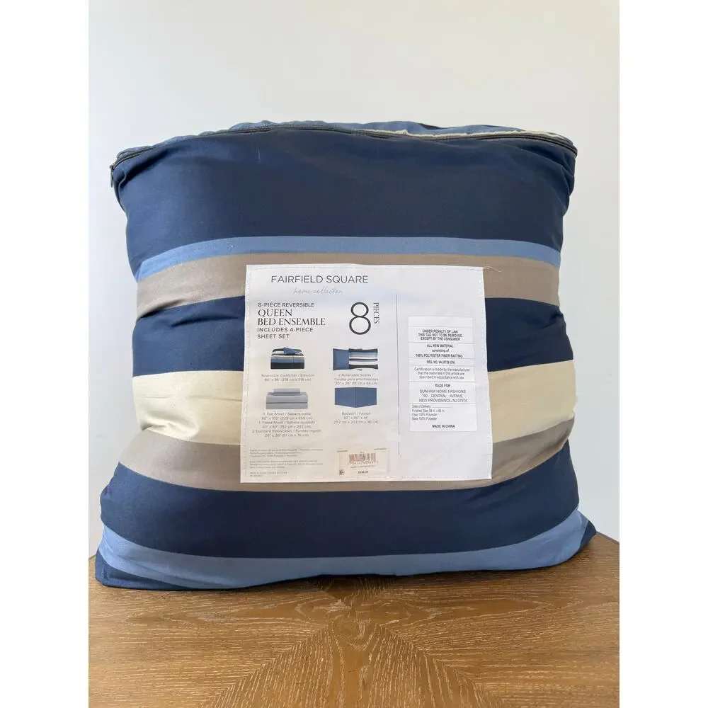 Fairfield Square Queen 8pc Reversible Bed in a Bag Comforter Sheet Set Navy Blue